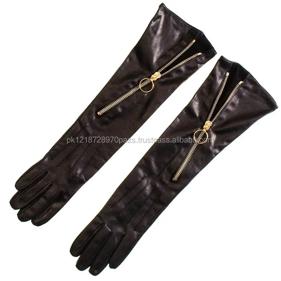 Guantes largos de cuero negro con cremallera Diagonal