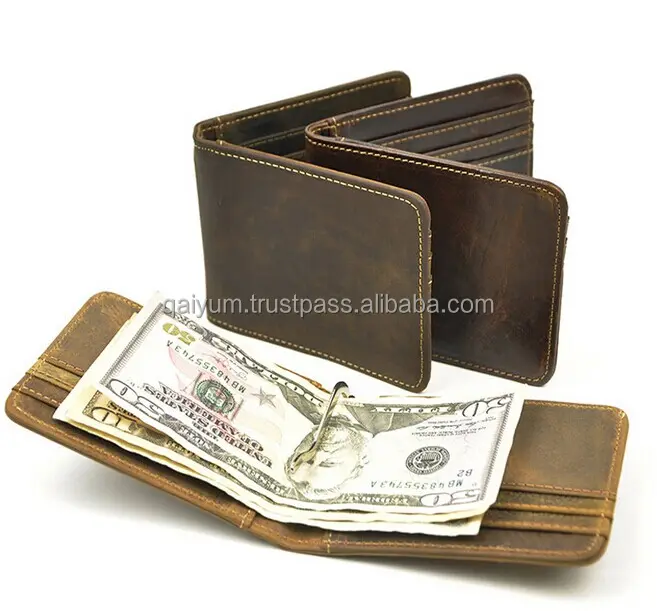 Custom Mens Genuine Leather Minimalist Slim RFID Blocking Wallet With Money Clip