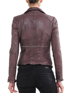 Chaqueta de cuero desgastado ajustada para mujer Elegante aspecto lavado marrón Prendas de abrigo de moda para damas modernas - Product Image 4