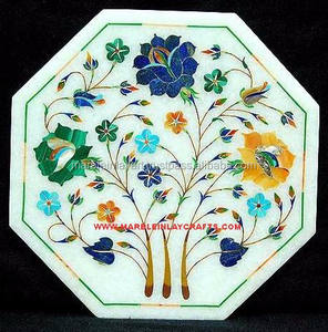 Dessus de Table à incrustation en marbre blanc, dessus de Table à café à incrustation en marbre - Product Image 1