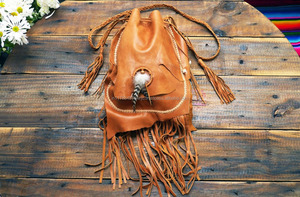 Ethnic Traditional Bohemian Designer <b>Leather</b> Women's Shoulder Drawstring Bag with Candy Pattern Tassel Decoration Cotton Lining - Product Image 2