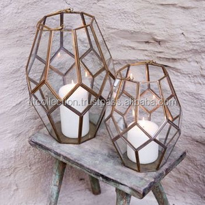 hexagonal metal and glass candle <b>brass</b> finish <b>lantern</b> - Product Image 4