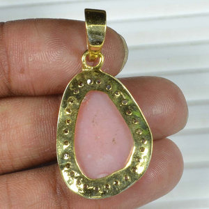 Natural Faceted Pink <b>Opal</b> Pave Diamond Setting <b>Gold</b> Vermeil Pendant 925 Sterling Silver Handmade - Product Image 3