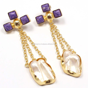 Blister Pearl With Small Square Stone <b>Chain</b> Vintage Jewelry <b>Earrings</b> - Product Image 1