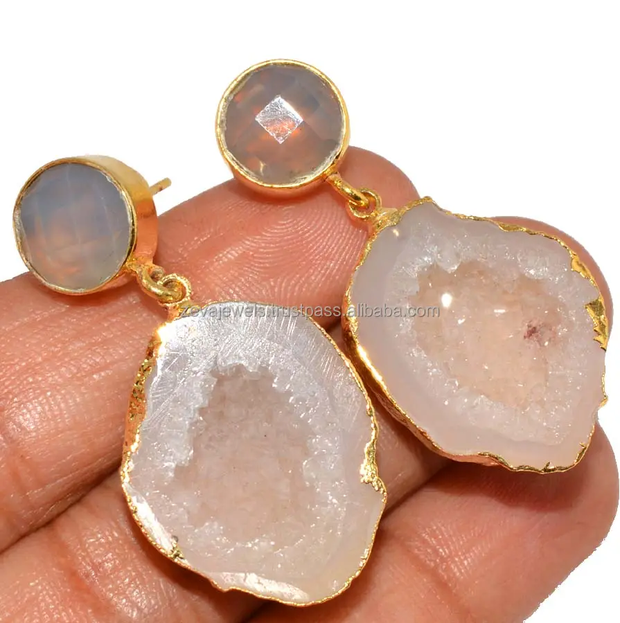 Zeva perhiasan halus terbaru anting-anting batu Opalite dan Geode alami indah perhiasan mode grosir unik India 1154