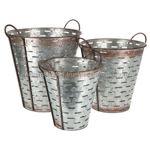 Cubo de Metal de olivo con asa, forma redonda galvanizada antigua - Product Image 1