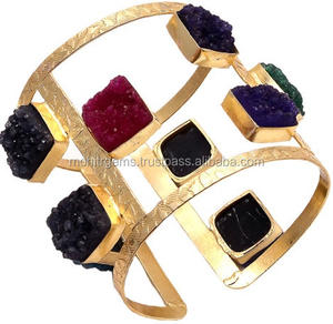 Handmade Vintage Adjustable Alloy Metal Women's <b>Fashion</b> <b>Cuff</b> <b>Bracelet</b> Beautiful Curved Sugar Agate Wire Single Color Statement - Product Image 2