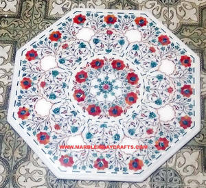 Haut de Table basse fait à la main, incrustation de marbre blanc, pour Table basse en marbre - Product Image 1