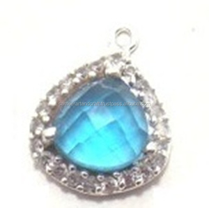 พลอยเทอร์โบคริสตัลสีฟ้าทรงลูกบาศก์เซอร์โคเนียอัญมณีชุบทองข้อต่อฝาทองเหลือง - Product Image 1