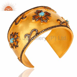 <b>Turquoise</b> and Cubic Zircon Gemstone Yellow Gold Plated Brass Wide Bangle Cuff Bracelet Jewelry Manufacturer and Supplier - Product Image 2