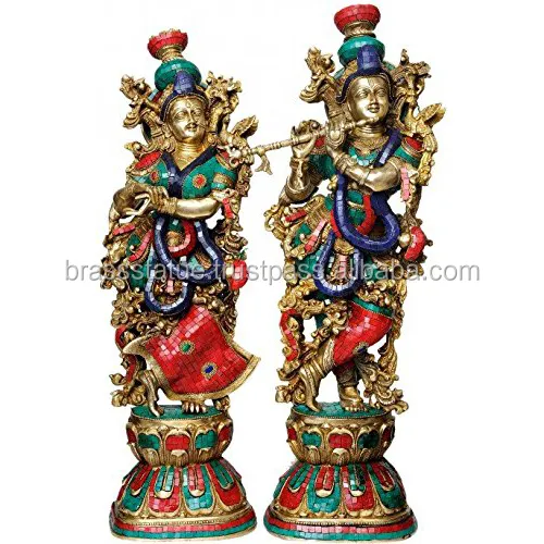 Radha Krishna Idol Set 2 Kuningan Idola Warna Karang Pirus Bekerja Unik untuk Hadiah & Dekorasi