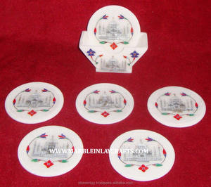 Importateur et exportateur de forme ronde incrustation de marbre blanc Taj Mahal Design Coaster Set pour la décoration de la maison et de l'hôtel en vrac - Product Image 1