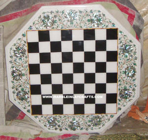 <b>Chess</b> Design Marble Inlay Coffee <b>Table</b> Top For Home Decoration - Product Image 1