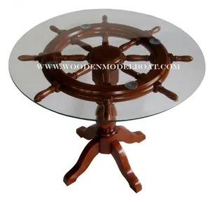 WOODEN SHIP WHEEL TABLE WITH GLASS TOP NAUTICAL FURNITURE/ WOODEN NAUTICAL FURNITURE/ NAUTICAL FURNITURE