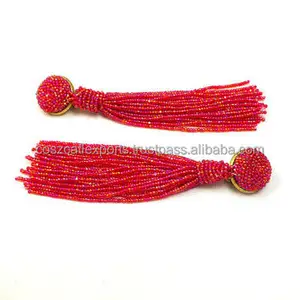 precious ruby gemstone beads tassel earrings, pave set white diamond designer dangles, 18k yellow gold