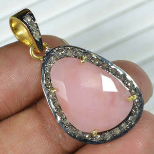 Natural Faceted Pink <b>Opal</b> Pave Diamond Setting <b>Gold</b> Vermeil Pendant 925 Sterling Silver Handmade - Product Image 5
