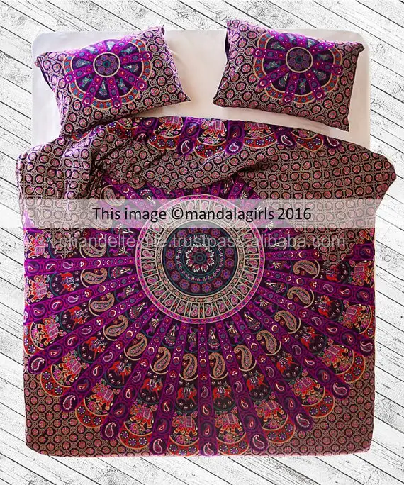 Selimut katun Mandala, selimut penutup ranjang Hippie penutup datar & 2 sarung bantal cocok