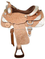 Selle Western Cheval en cuir véritable avec raccords argentés Design fantaisie