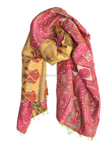 הודי בעבודת יד תפר Kantha הפיך Vintage צמר משי גנב נשים Kantha משי סארי צעיף צעיף Dupatta צוואר לעטוף צעיפים - Product Image 2