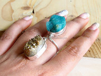 Bague Cocktail Élégante en Laiton Plaqué Or Antique Sans Nickel avec 2 Pierres d'Agate Druzy Serties en Bezel, Bijoux de Mode pour Femme