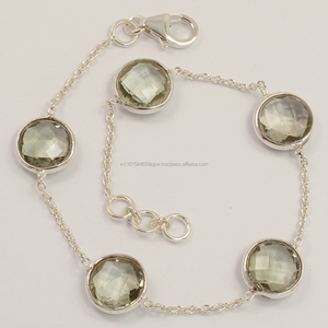 Amatista verde de corte brillante redondo Natural antiguo, pulsera de piedras preciosas de plata de ley sólida 925 pura, joyería fina para ella - Product Image 1