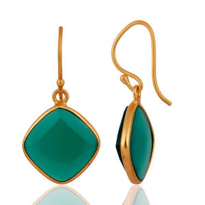 Green Onyx gemstone cushion cut gemstone gold vermeil bezel earrings - Product Image 1
