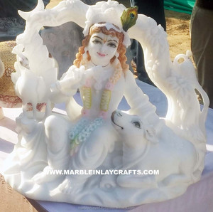 Antique White Makrana Marble Krishna <b>Statue</b> - Product Image 1