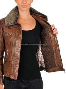 Shining Dark Brown Short Slim Fit Leather Jacket <b>for</b> Women Stylish Pocket Design Real Sheep Leather Outerwear from Sialkot - Product Image 3