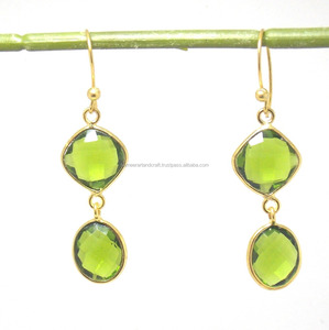 Joyería de aro chapada en oro de cuarzo peridoto ~ hermosa piedra preciosa natural hecha a mano conjunto de pendientes bohemios con piedra natal - Product Image 3