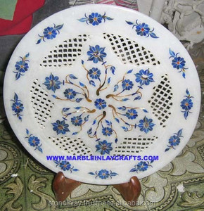 Design floral en incrustation de marbre blanc de meilleur designer indien avec plaque ronde sculptée pour la décoration de la maison et du restaurant - Product Image 1