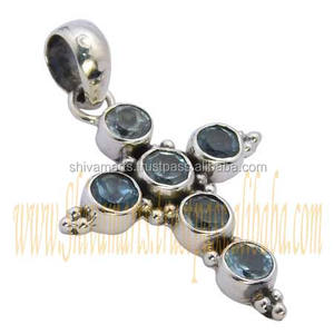 Tendance Offre Spéciale 925 argent Sterling bleu topaze pierre précieuse croix pendentif fait à la main en argent bijoux fins pendentifs et breloques - Product Image 2