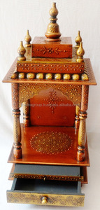 Mini Templo de madera de cobre pintado a mano con cajón tradicional Pooja Mandir Altar de madera indio montado en la pared para adoración - Product Image 3