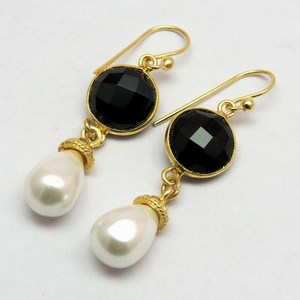 Superbe perle _ boucles d'oreilles en argent Sterling 925 Onyx noir, bijoux en argent avec pierres précieuses - Product Image 3