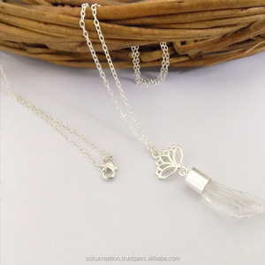 Classic Silver Plated Designer Lotus Charm <b>Pendant</b> Necklace <b>Long</b> Crystal Stone Brass Jewellery for Weddings Gifts-Soku#3397 - Product Image 5