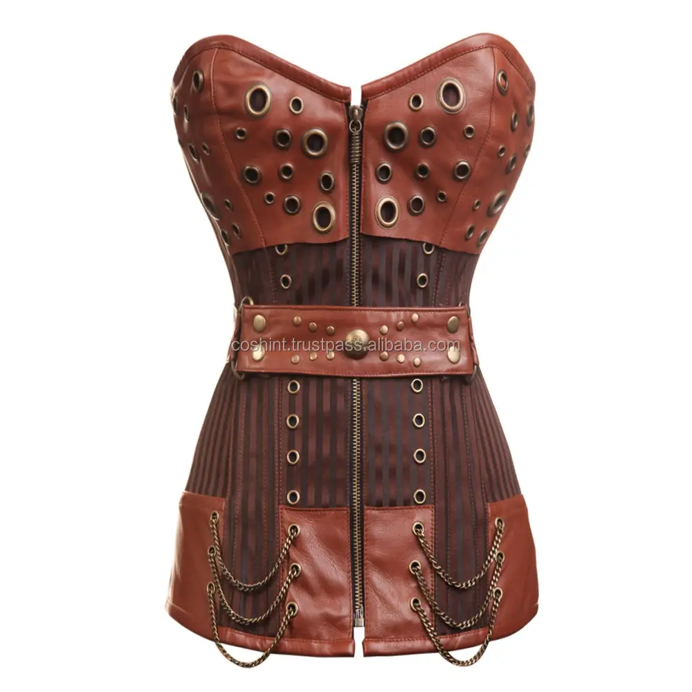 COSH korse Overbust Steelboned bel eğitim kahverengi deri ve kahverengi brokar korse elbise Steampunk ve gotik korse elbise