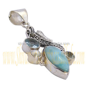 Collier pendentif en argent sterling 925 de haute qualité avec topaze bleue Larimar et breloques multi-pierres précieuses pour cadeau - Product Image 2