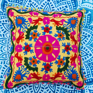 Indio hecho a mano multicolor Suzani lana bordado Vintage Floral planta patrones almohada fundas de Cojín cuadrado fundas de algodón - Product Image 1