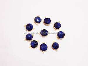 Piedra preciosa de zafiro azul teñida natural, hallazgos hechos a mano, forma redonda, fabricación de joyas chapadas en oro, Conector de bisel de doble fianza - Product Image 3