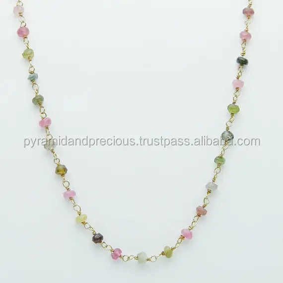 Multi Tourmaline 3-4mm Rondelle Bead Gemstone Beaded Chain Necklace - 18 Inch Long Necklace