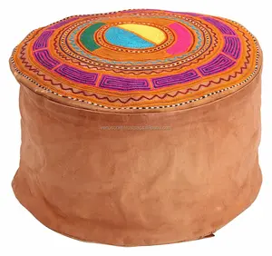 Phong Cách Ma-rốc Da Pouf Handmade Thêu Nâu Tự Nhiên Pouf Ottoman