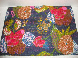 Dark Blue Fruit Print Kantha Quilt Pure Cotton Made in India Blanket Throw <b>Bedspread</b> Ikat Tropical Boho Bohemian Bedding - Product Image 4