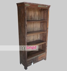 Rustic Vintage Look Wooden <b>Open</b> Bookcase <b>Bookshelf</b> with 2 Drawer and 4 Shelf For Living Room Hotel Farmhouse Indian Furniture - Product Image 4