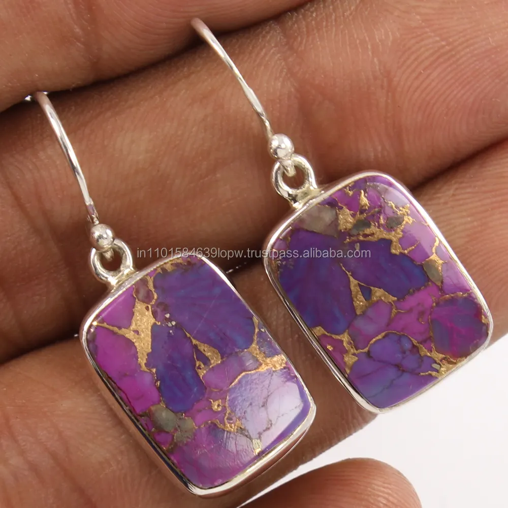 Best Selling PURPLE COPPER TURQUOISE Gemstones 925 Solid Sterling Silver Elegant Earrings Religious Wholesale For Women