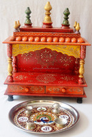 Temple en bois indien le plus exigeant peint à la main avec 2 tiroirs pour la maison et le bureau Pooja Mandir Blessing Ritual Best Holy Corner