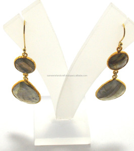 Boucles d'oreilles Vintage Labradorite en fil de fer plaqué or Boucles d'oreilles faites main en pierres précieuses naturelles multiples - Product Image 4