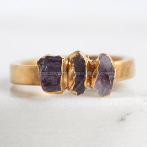 Stackable Rhodium/Gold Sterling Silver Raw Amethyst Purple Gemstone <b>Ring</b> Engagement Wedding Anniversary Party Prong Setting - Product Image 1