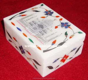 Boîte à bijoux en marbre blanc fabriquée à la main avec travail d'incrustation et cadeau parfait pour les femmes avec boîte d'incrustation de conception naturelle du Taj Mahal