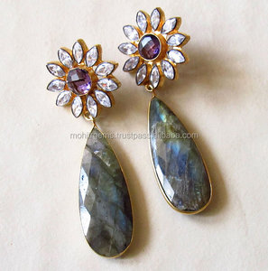 Boucles d'oreilles étoiles poire à la mode faites à la main Laboridate plaqué or Quartz perle pierres d'agate pour les mariages anniversaires alliage - Product Image 1