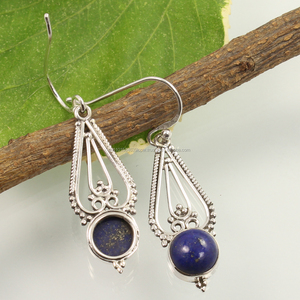 Pendientes de piedras preciosas de gota de lapislázuli natural puro 925 plata esterlina sólida Ajuste de bisel de forma redonda colección única - Product Image 2