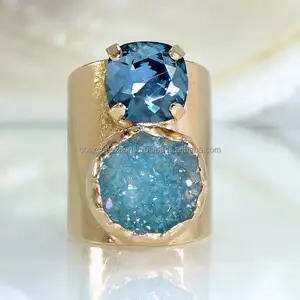 Bague à Double pierre précieuse bleue, anneau de déclaration ajustable, cristal druse minéral or